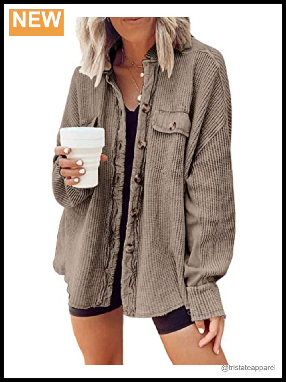 Women's Waffle Knit Shacket Casual Long Sleeve Button Down Jacket